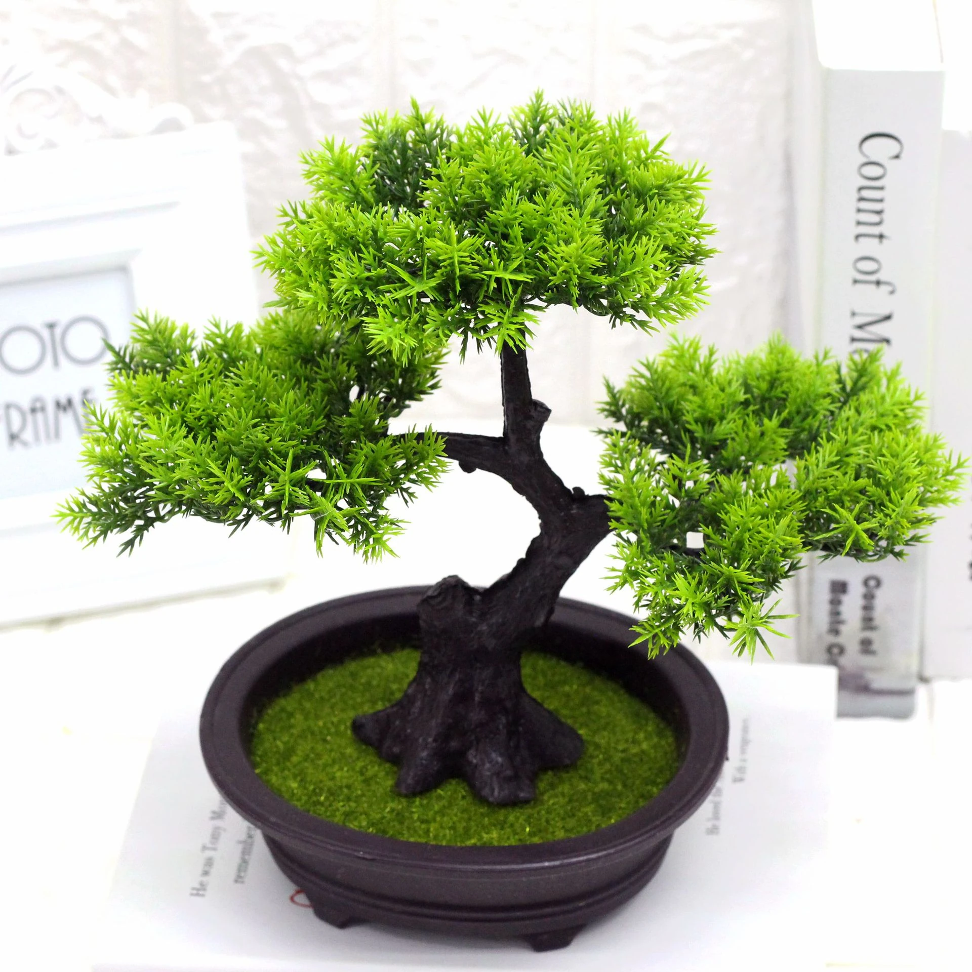 Upright Canopy potted Artificial Pine Bonsai Tree arranged for decorative display