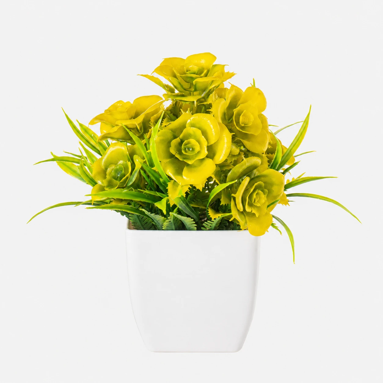 Yellow potted Artificial Rose Plant, 20 cm