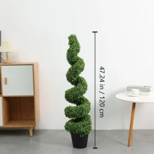 Size diagram for potted artificial spiral boxwood topiary, 120cm