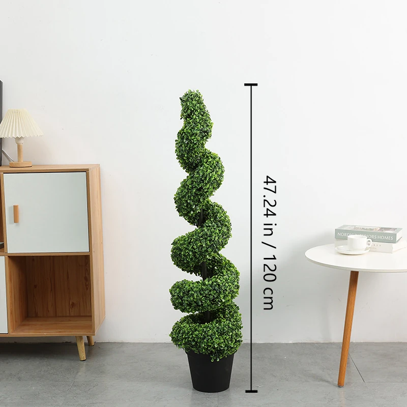 Size diagram for potted artificial spiral boxwood topiary, 120cm