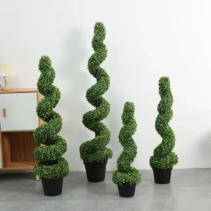 Available styles of potted artificial spiral boxwood topiary