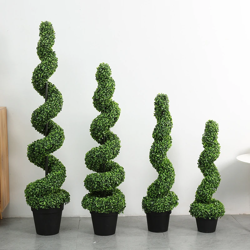 Available styles of potted artificial spiral boxwood topiary