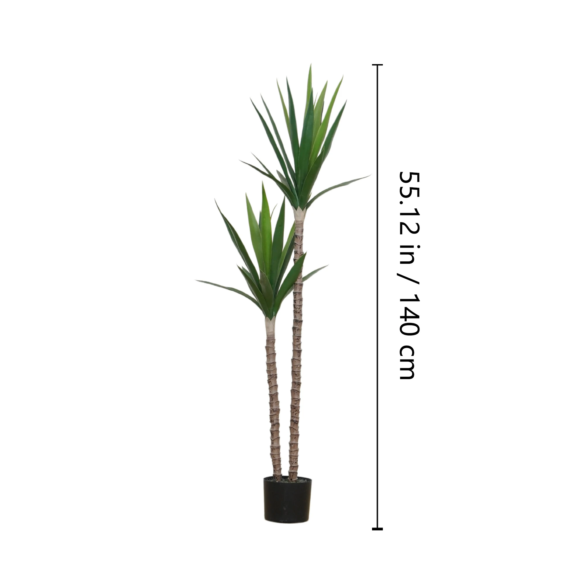 Size diagram for potted artificial yucca tree collection, 140 cm