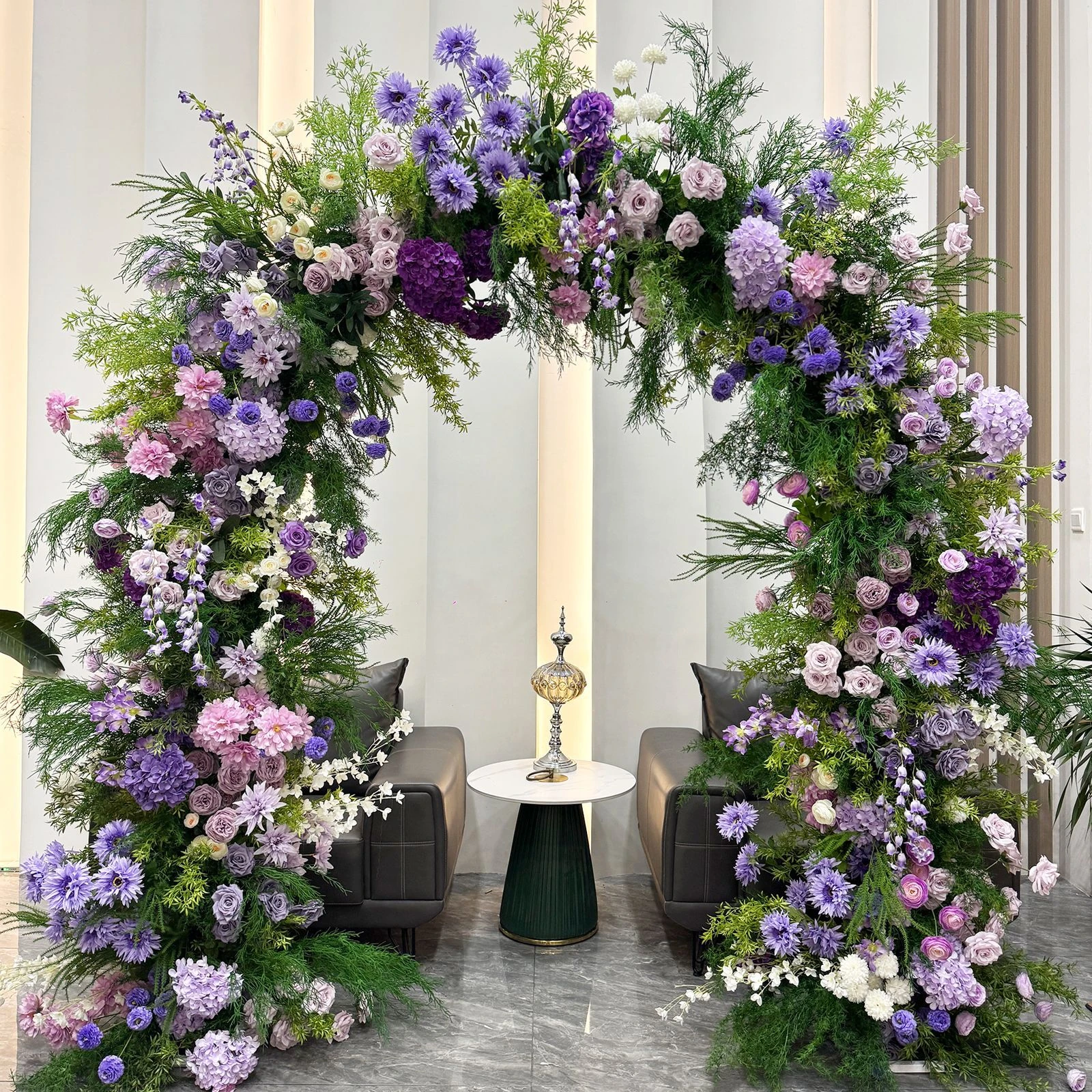 Alternate view of purple hydrangea rose wedding flower arch