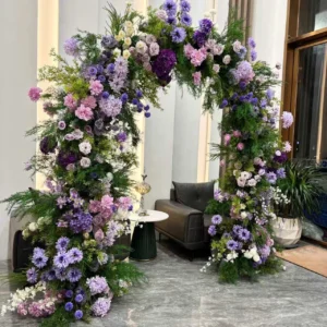 Purple Hydrangea Rose Wedding Flower Arch displayed for decorative use