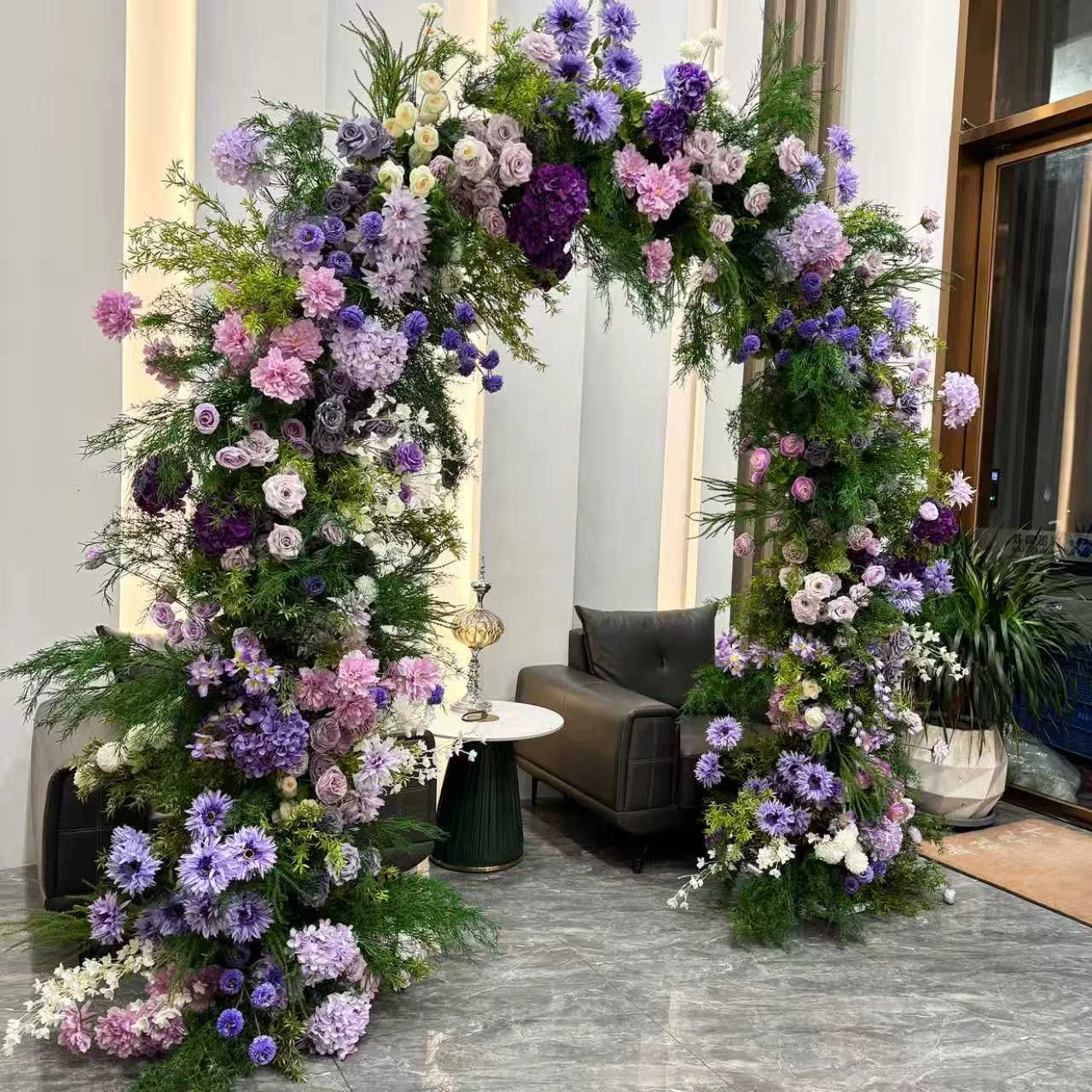 Purple Hydrangea Rose Wedding Flower Arch displayed for decorative use