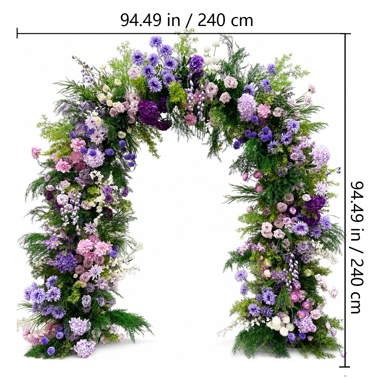 Size diagram for purple hydrangea rose wedding flower arch, 240 cm