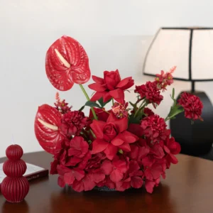 Red Artificial Flower Table Arrangement Collection displayed for decorative use