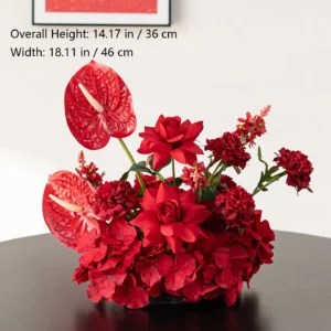 Size diagram for anthurium rose red artificial flower table arrangement collection