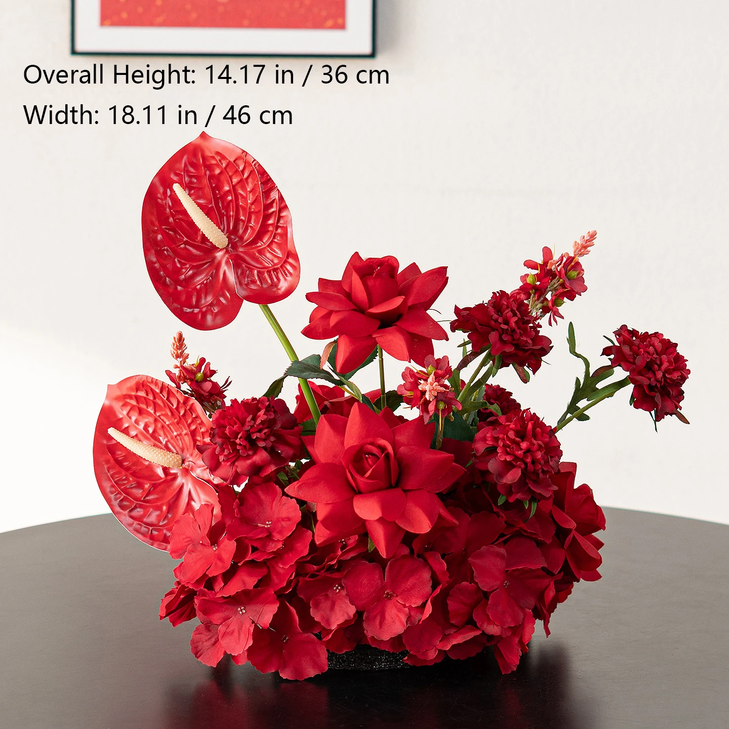 Size diagram for anthurium rose red artificial flower table arrangement collection