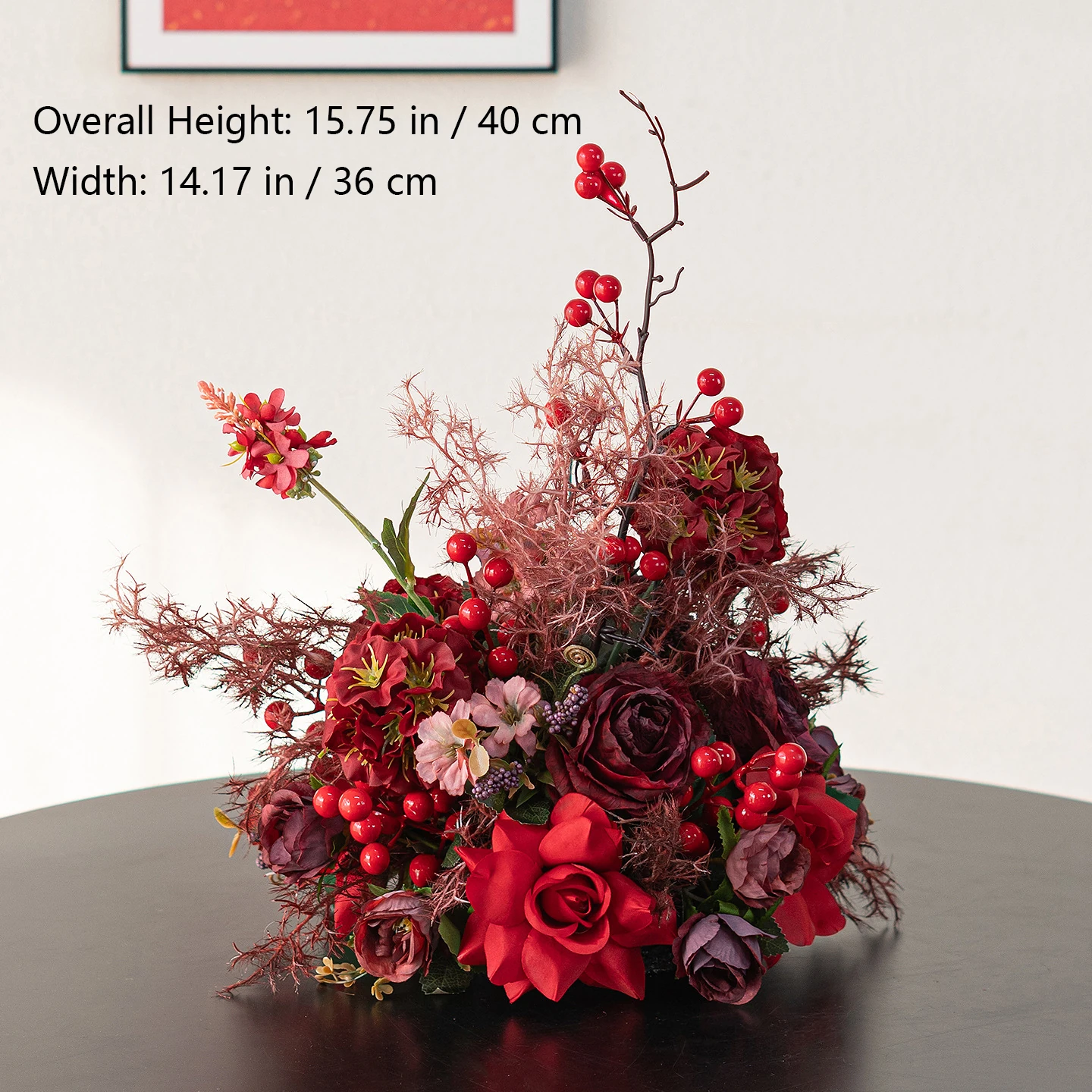 Size diagram for berry rose red artificial flower table arrangement collection
