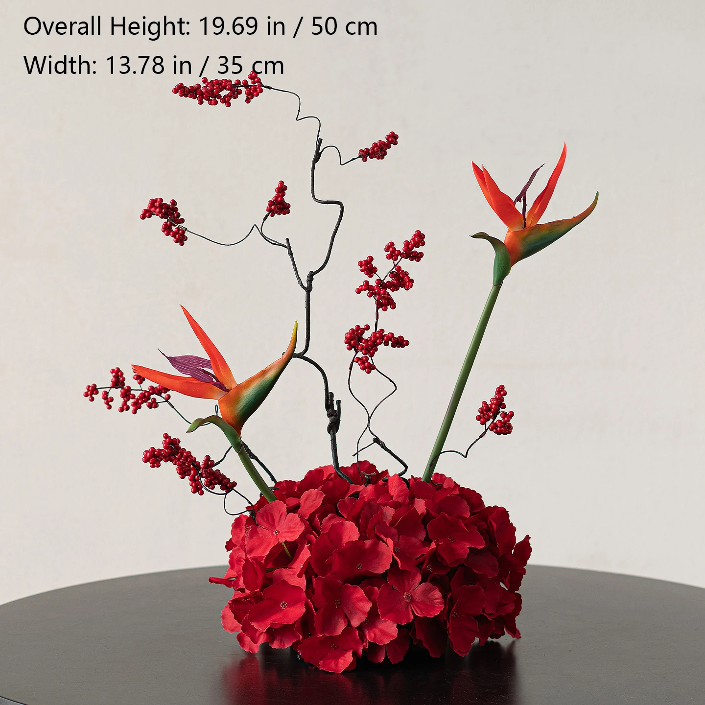 Size diagram for bird of paradise red artificial flower table arrangement collection
