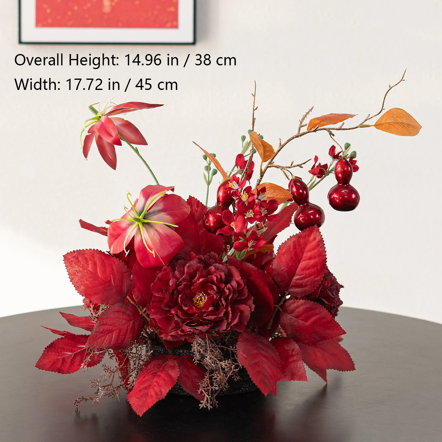 Size diagram for gold berry red artificial flower table arrangement collection