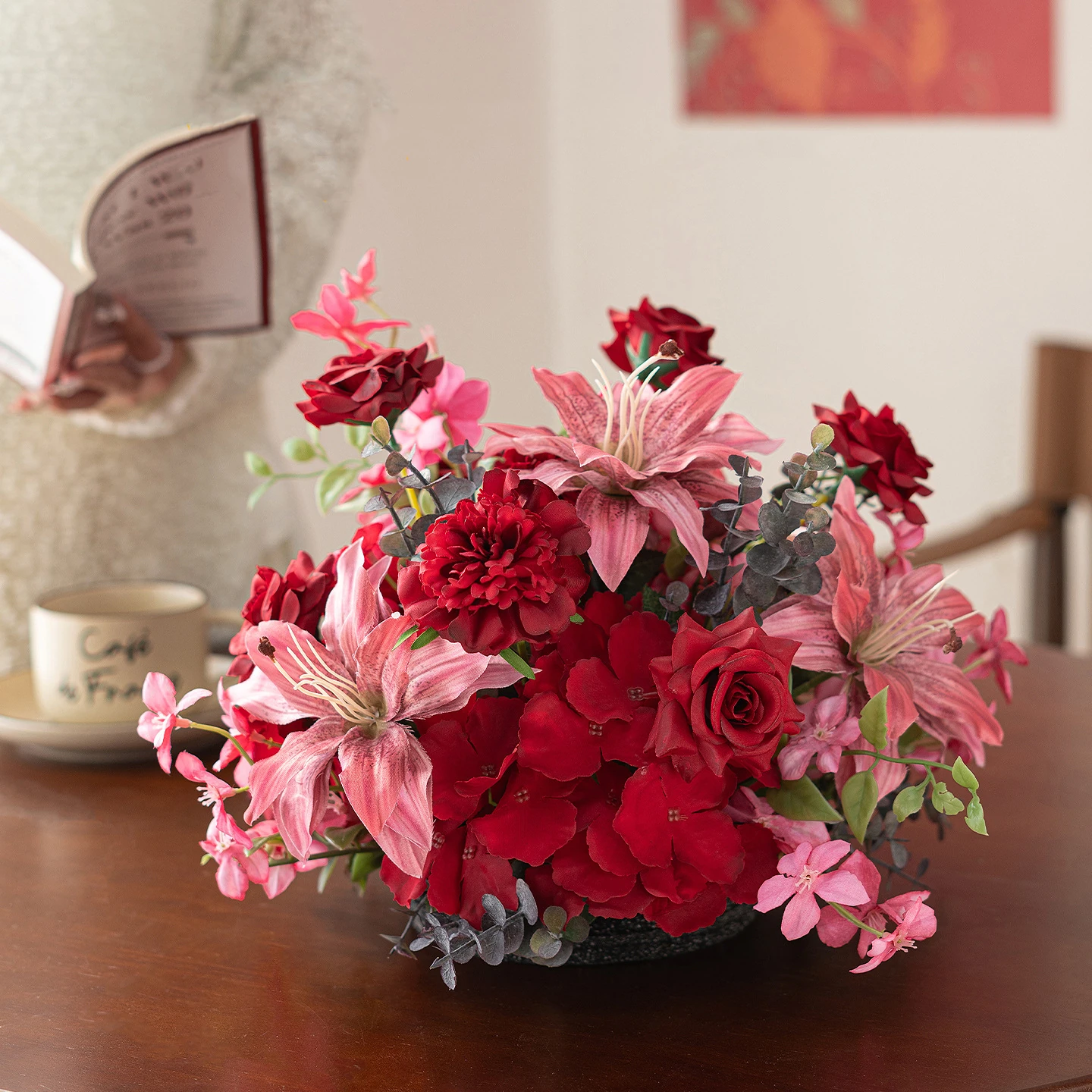 Red Artificial Flower Table Arrangement Collection displayed for decorative use