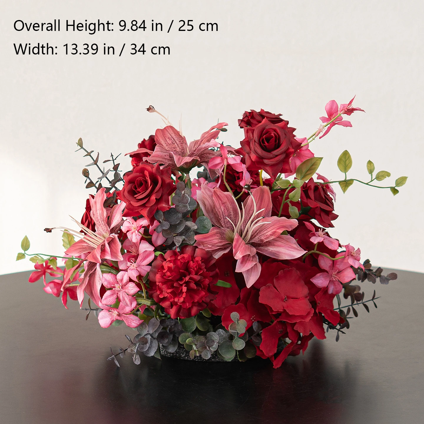 Size diagram for lily hydrangea red artificial flower table arrangement collection
