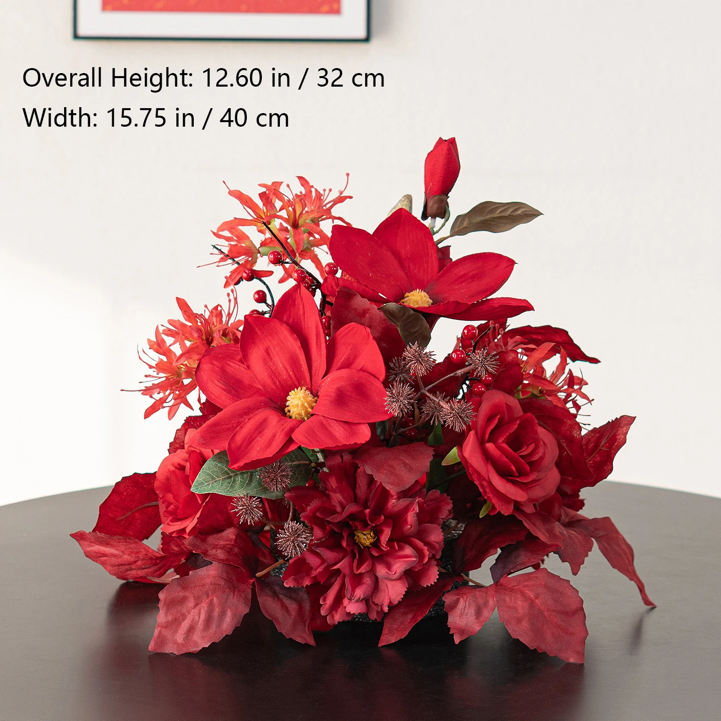 Size diagram for magnolia rose red artificial flower table arrangement collection