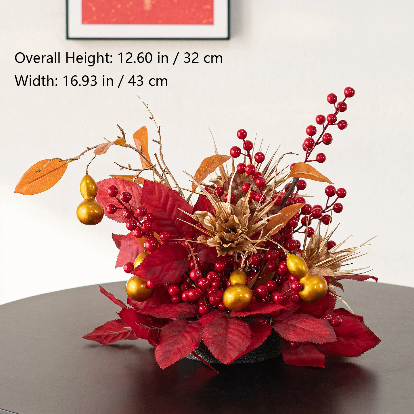Size diagram for ornament poinsettia red artificial flower table arrangement collection