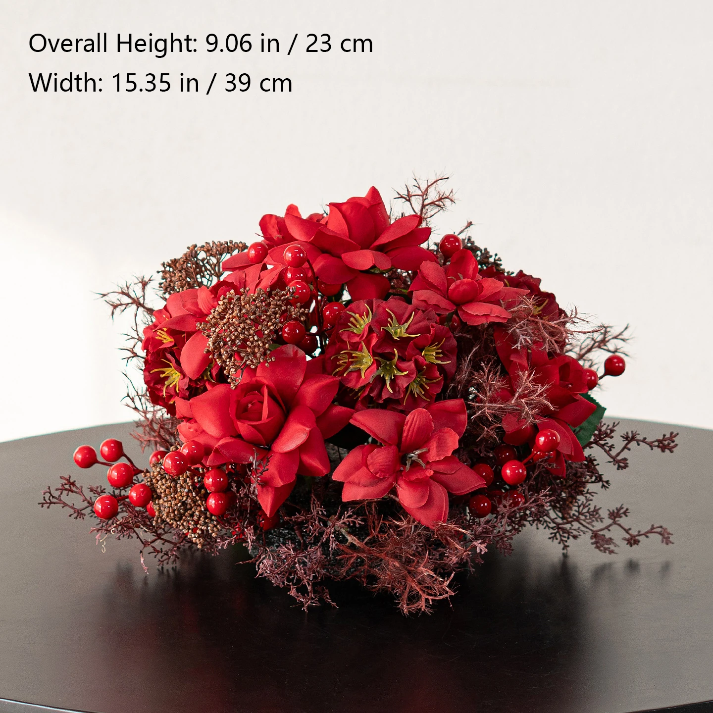 Size diagram for poinsettia dome red artificial flower table arrangement collection