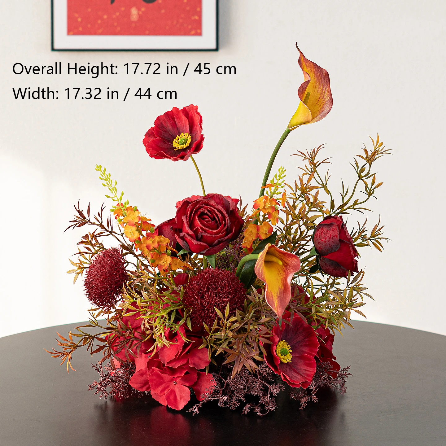 Size diagram for tropical red red artificial flower table arrangement collection