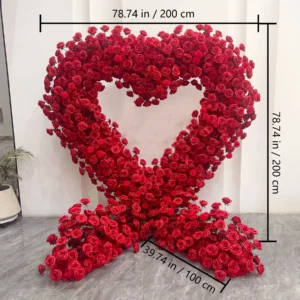 Size diagram for red rose heart flower backdrop, 200 cm