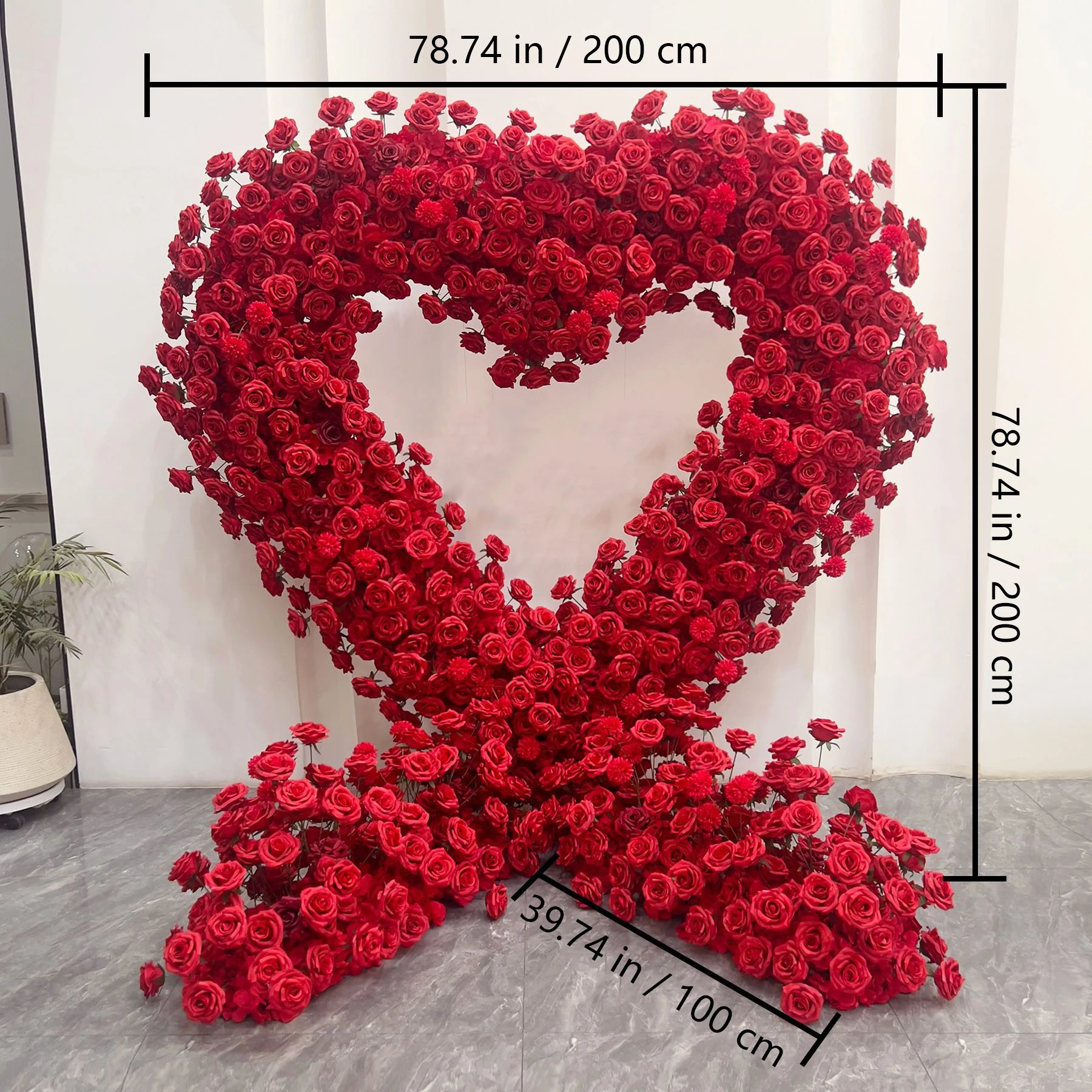 Size diagram for red rose heart flower backdrop, 200 cm