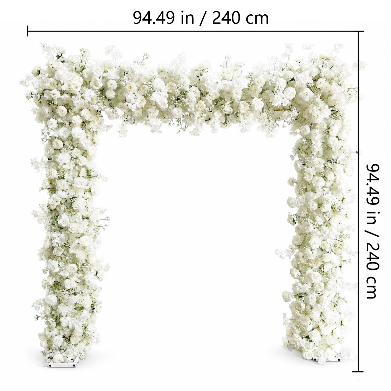 Size diagram for white rose hydrangea wedding flower arch, 240 cm