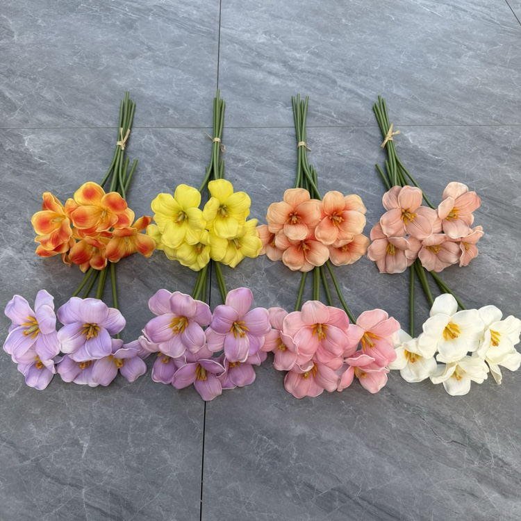 Eight artificial flower color options arranged in two rows on a gray background.