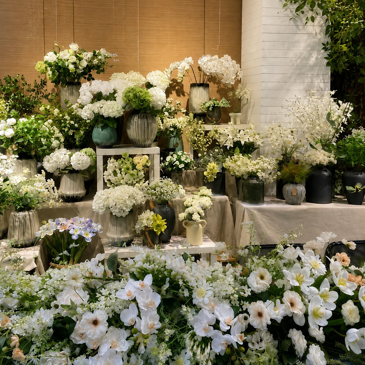 White artificial flower arrangements and green foliage displayed in the PJTL Flowers showroom.