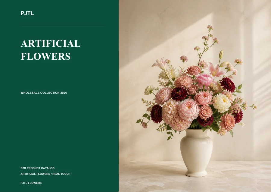 Artificial flower wholesale catalog cover featuring a mixed pink floral arrangement