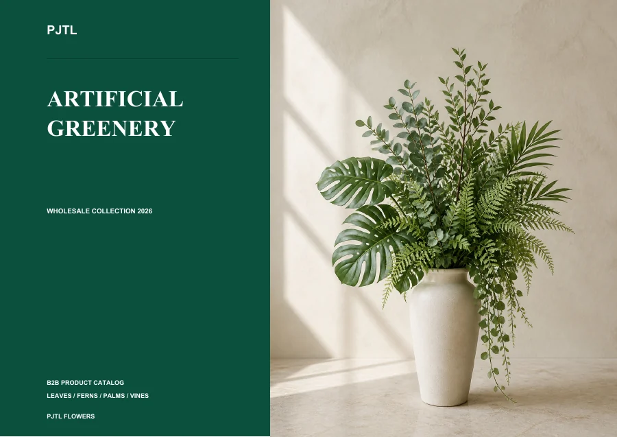 Artificial greenery wholesale catalog cover featuring mixed foliage in a ceramic vase