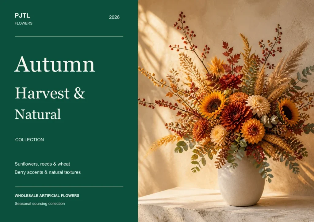 Autumn artificial flower catalog cover featuring sunflowers, berries and natural grasses