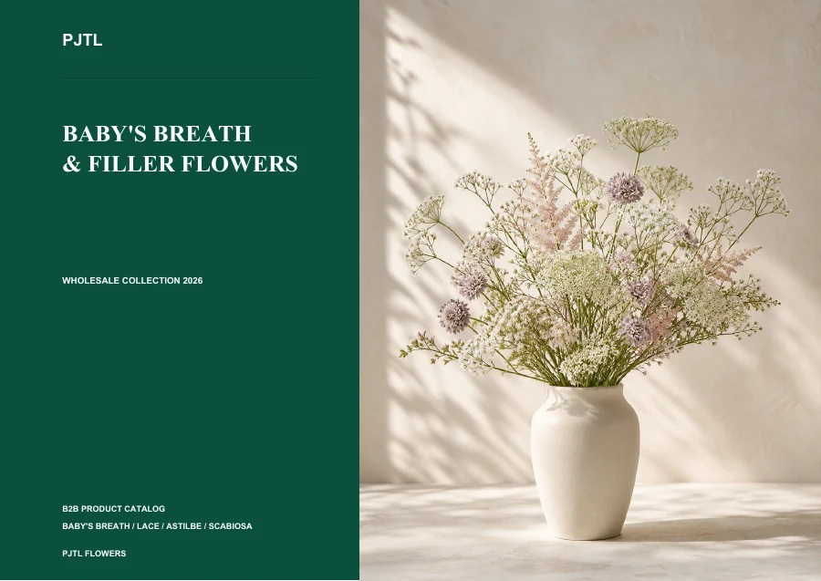 Artificial baby's breath and filler flower catalog cover featuring delicate white stems