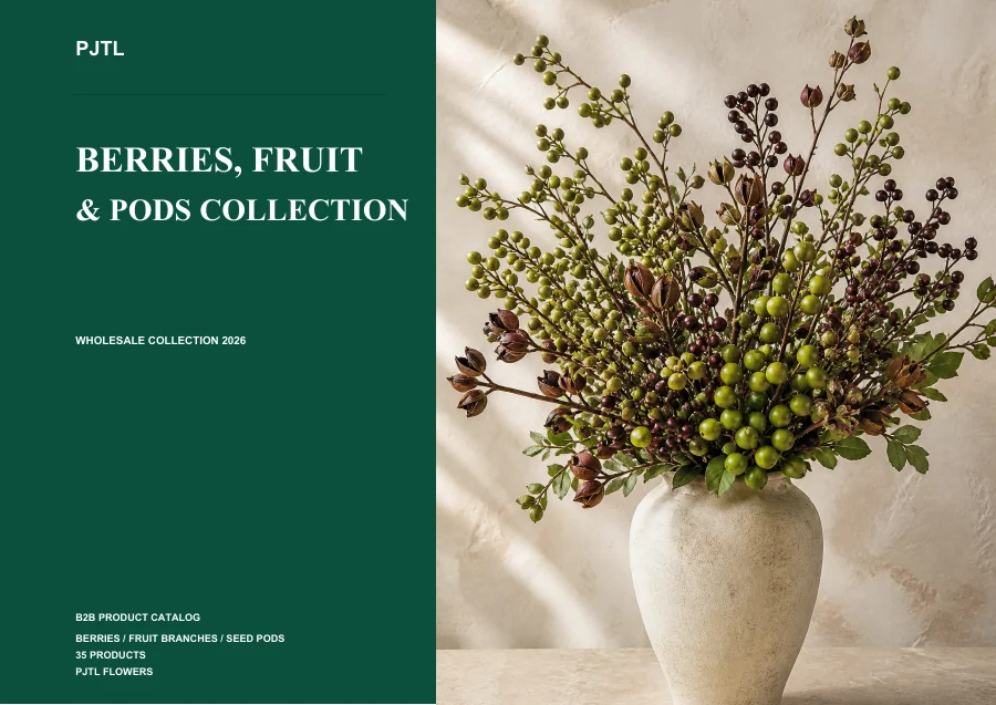 Artificial berry, fruit and pod catalog cover featuring decorative berry branches