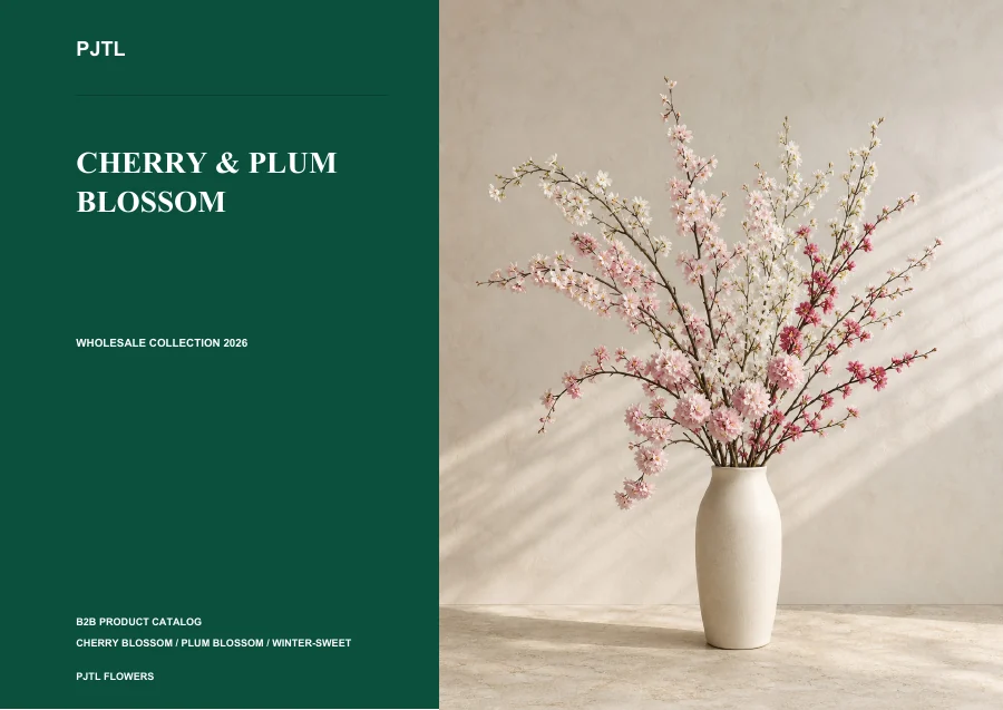 Artificial cherry and plum blossom catalog cover featuring pink flowering branches