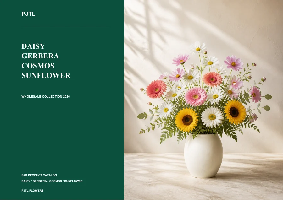 Artificial daisy, gerbera, cosmos and sunflower catalog cover featuring mixed blooms