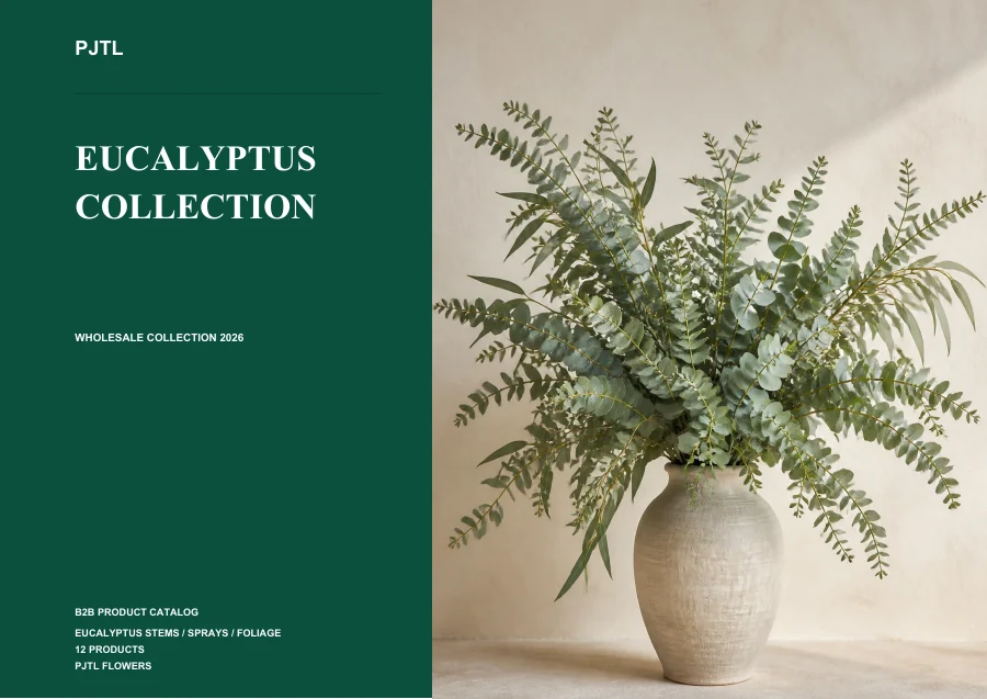 Artificial eucalyptus catalog cover featuring eucalyptus stems in a ceramic vase