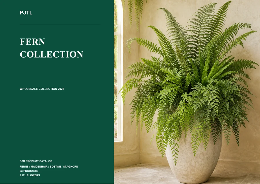 Artificial fern catalog cover featuring layered green fern foliage in a vase