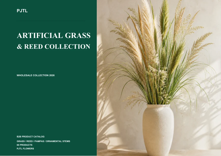 Artificial grass, reed and pampas catalog cover featuring neutral ornamental grasses