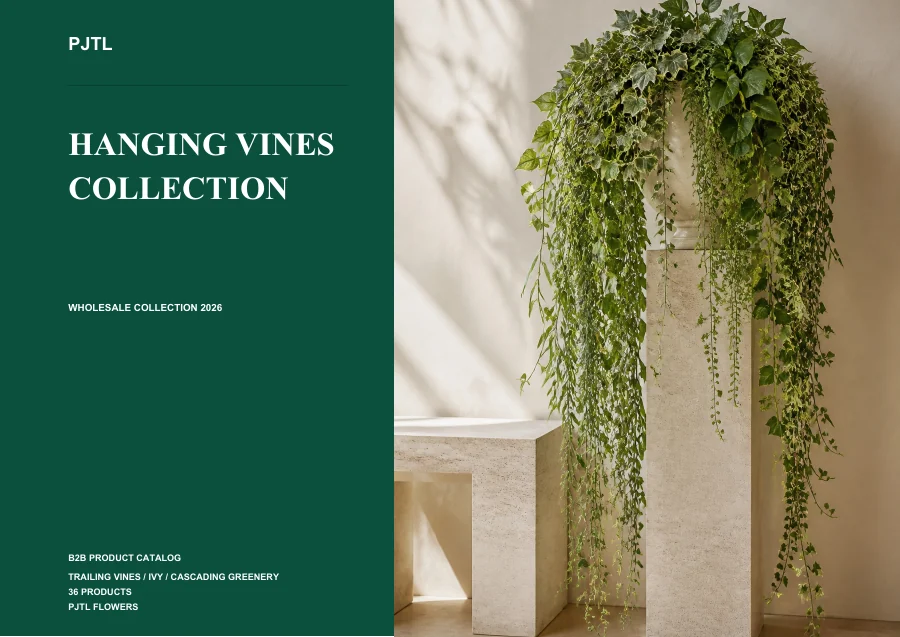 Artificial hanging vine catalog cover featuring cascading green foliage