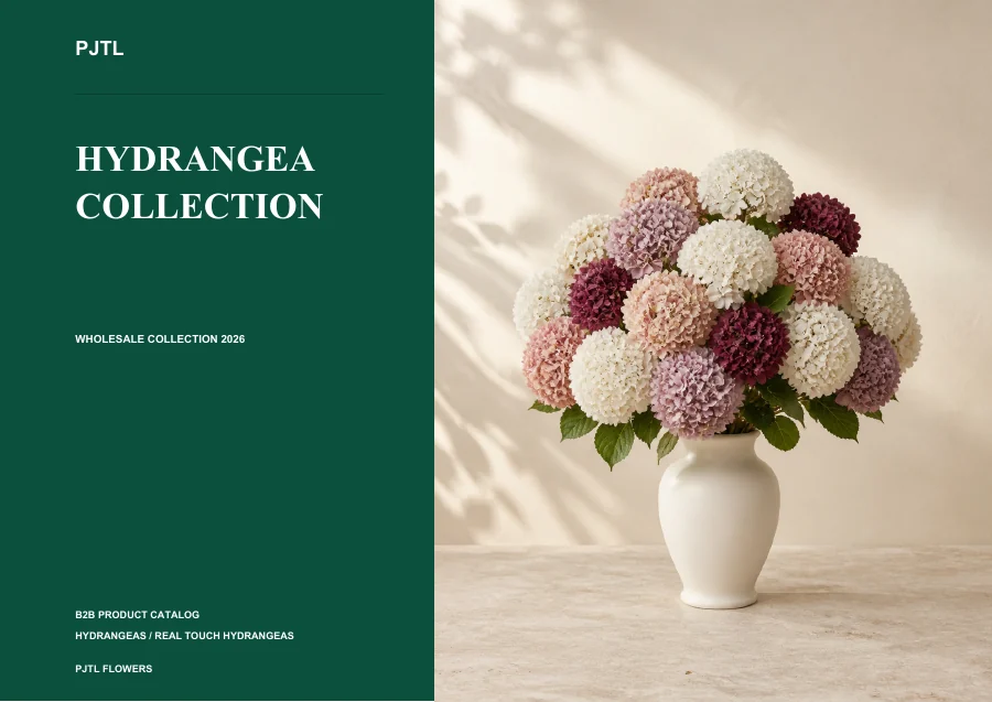 Artificial hydrangea catalog cover featuring purple, pink and cream hydrangeas