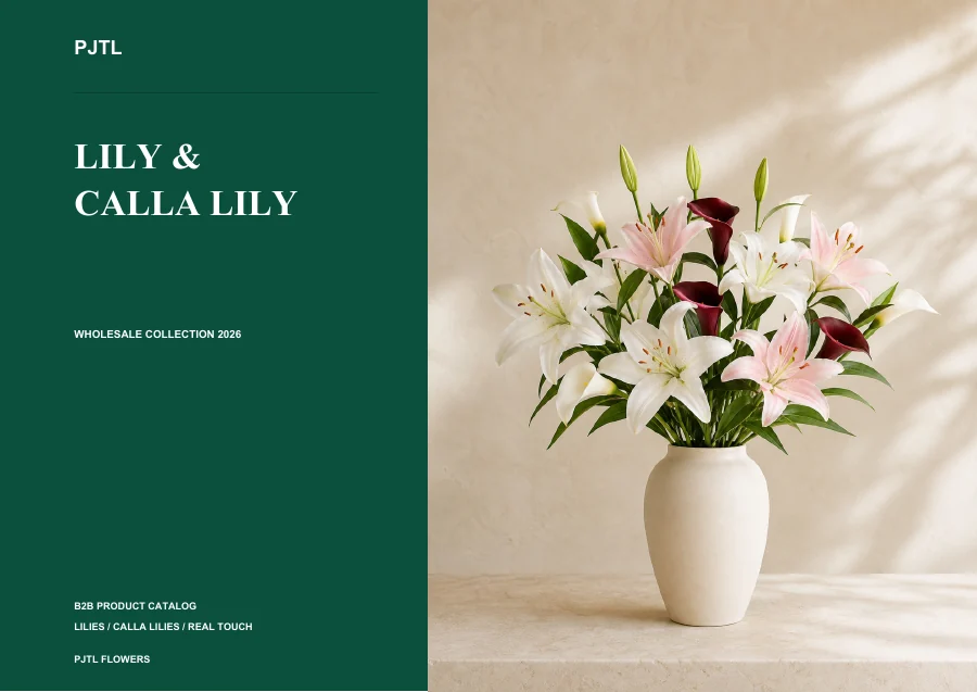 Artificial lily and calla lily catalog cover featuring white and pink lilies