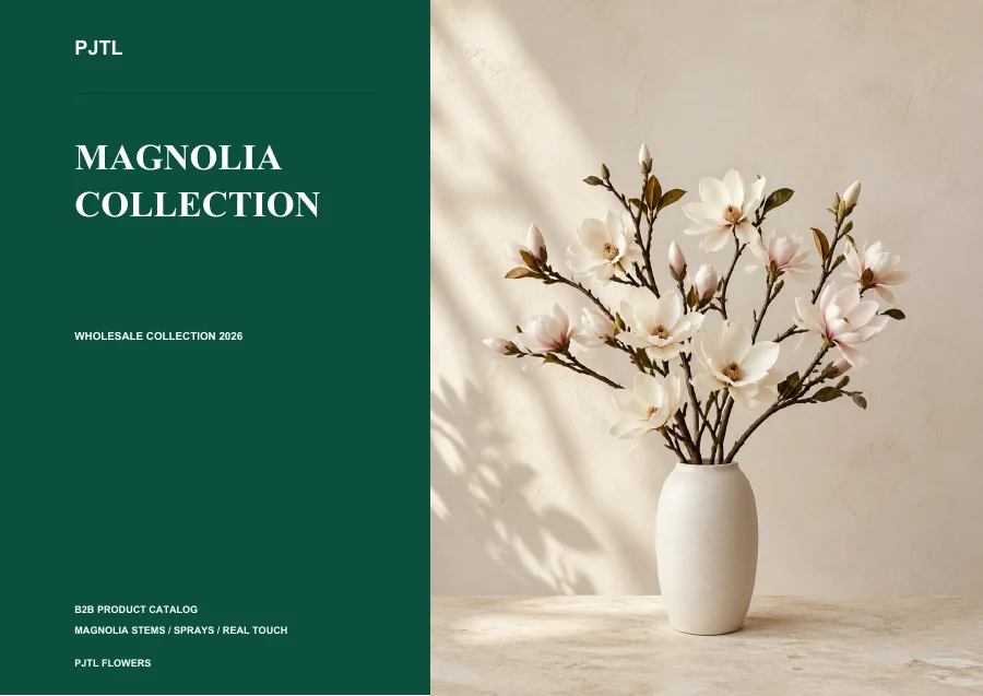 Artificial magnolia catalog cover featuring white magnolia branches in a vase