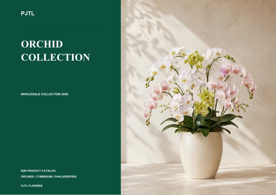Artificial orchid catalog cover featuring white phalaenopsis orchids in a vase