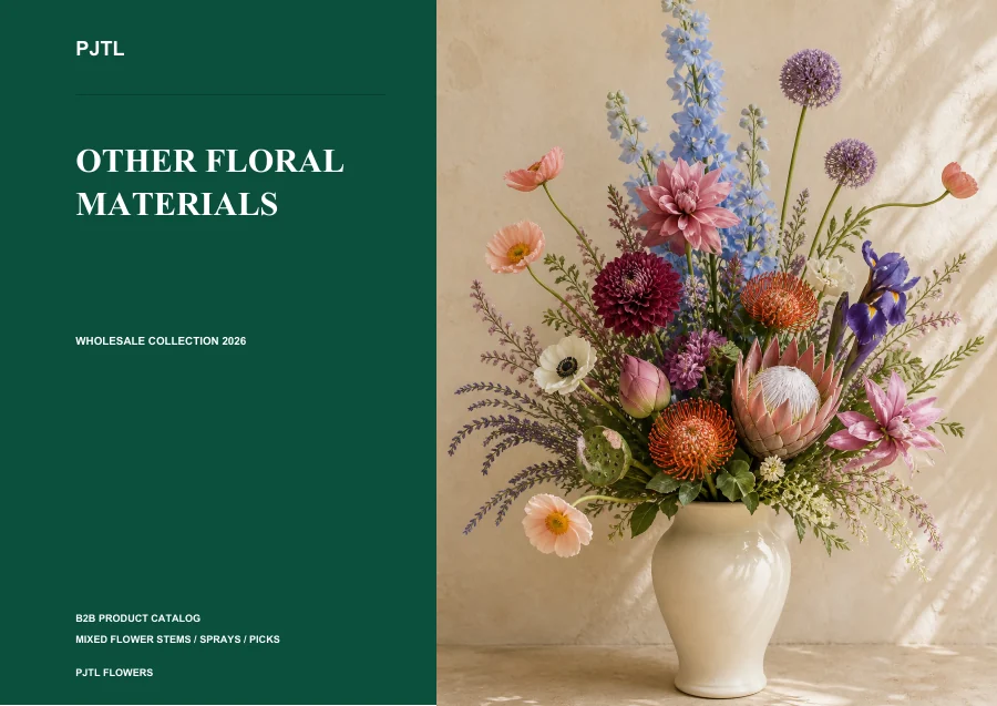Artificial floral materials catalog cover featuring colorful decorative flower stems