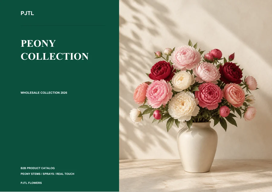 Artificial peony catalog cover featuring pink and cream peonies in a vase