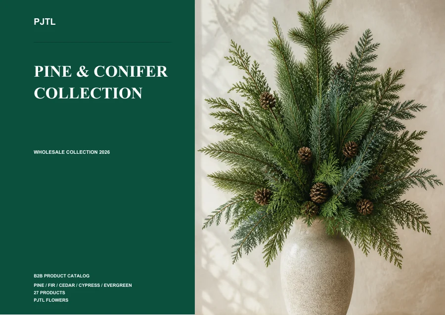 Artificial pine and conifer catalog cover featuring evergreen branches in a vase