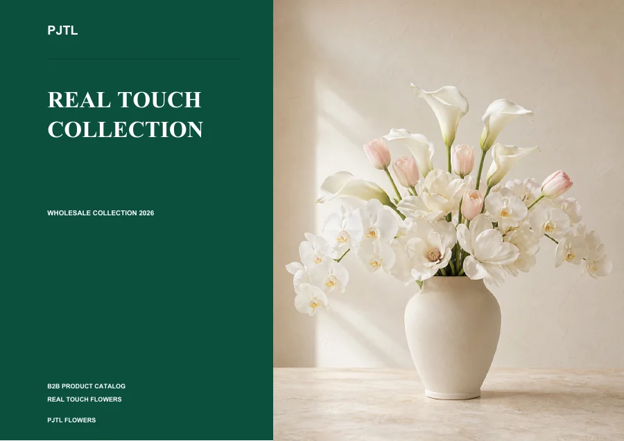 Real touch flower catalog cover featuring white artificial calla lilies in a vase