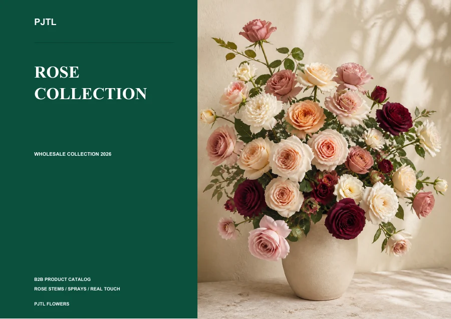 Artificial rose catalog cover featuring pink, peach and cream roses in a vase