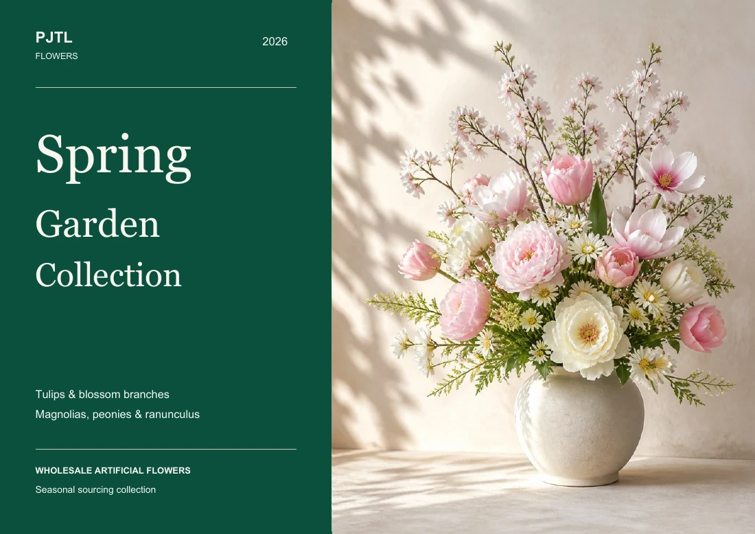 Spring artificial flower catalog cover featuring pink tulips, magnolias and peonies in a vase