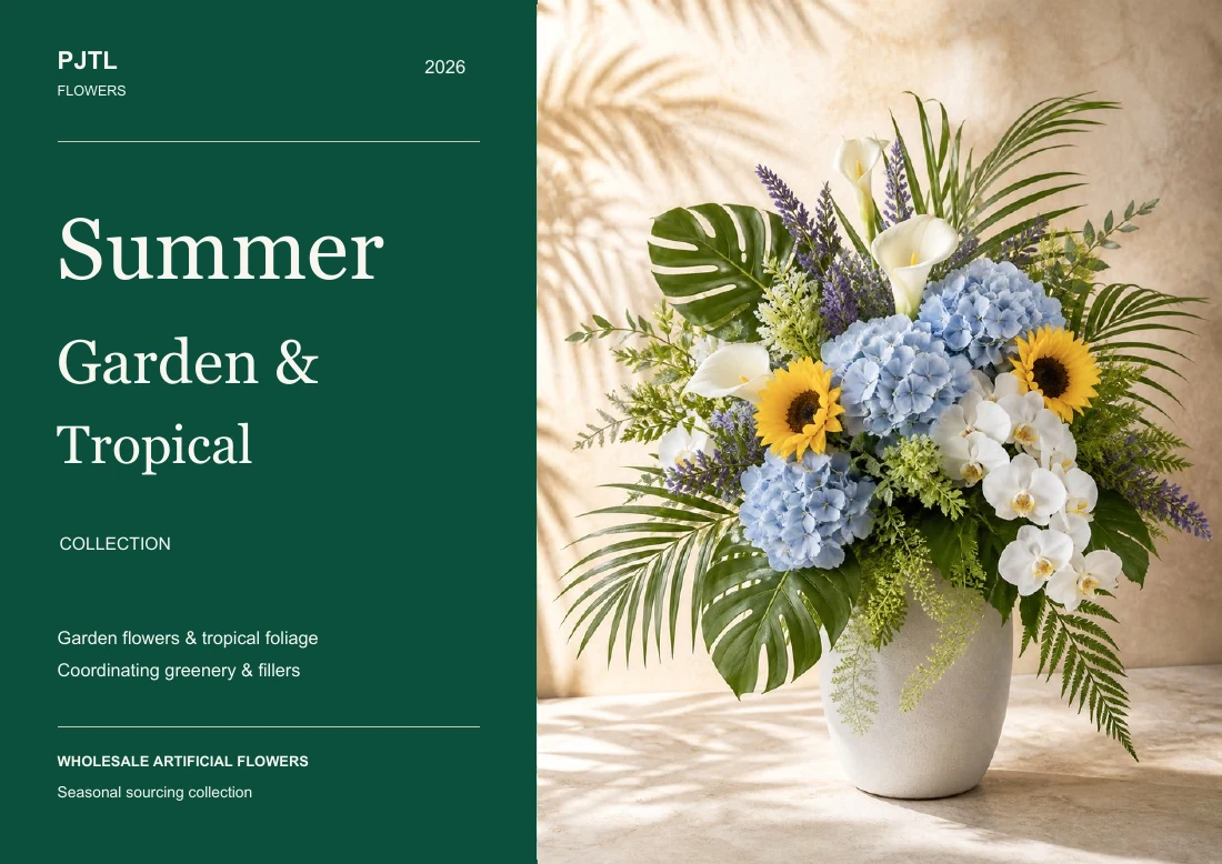 Summer artificial flower catalog cover featuring hydrangeas, orchids and tropical foliage